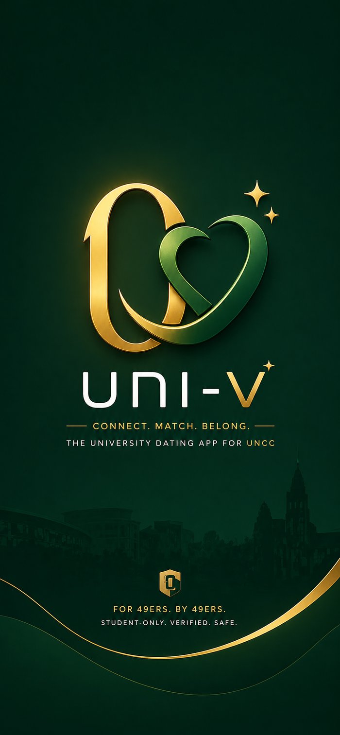 Uni-V splash screen with the Uni-V logo over a Charlotte campus skyline